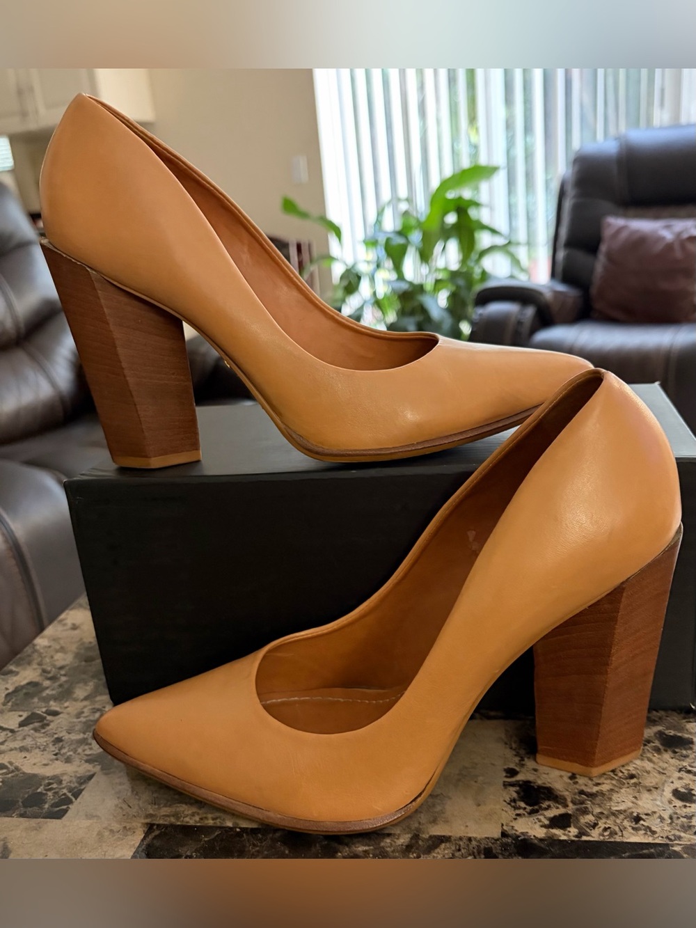 Carrano Women's Pointed-Toe Block Heel Leather Pumps in Saddle Brown - Size 7